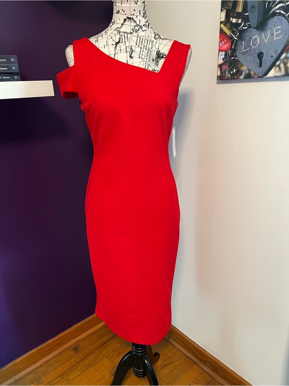 Premier Amour Red One-Shoulder Sheath Midi Dress NWT